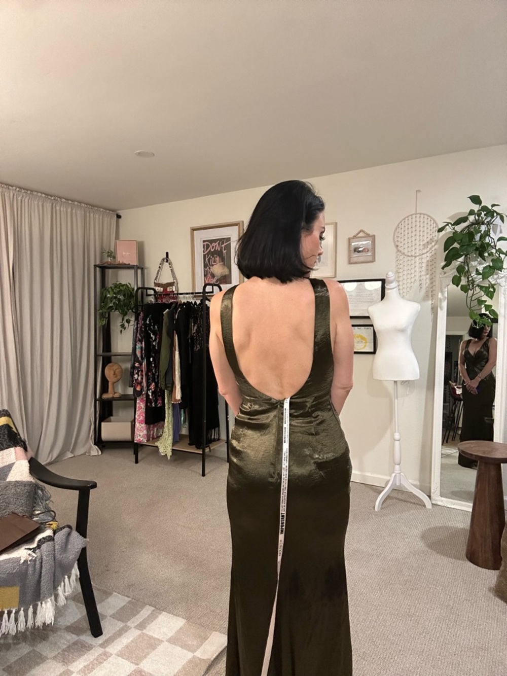 Elegant Olive Green Backless Satin Evening Dress